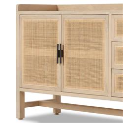 Corazon Coastal Beach Natural Mango Wood Frame Woven Cane 4 Door Sideboard|
