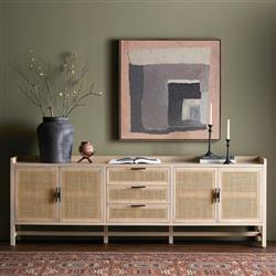Corazon Coastal Beach Natural Mango Wood Frame Woven Cane 4 Door Sideboard|