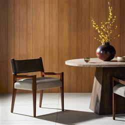 Ely Rustic Lodge Grey Performance Brown Wood Leather Dining Arm Chair|