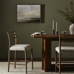 George Mid Century Modern Beige Upholstered Brown Solid Oak Counter Stool|