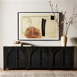 Kashton Mid Century Black Solid Mango Wood Arched Woven Cane 6 Door Sideboard|