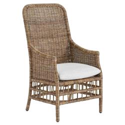 Clio Coastal Beach Off White Cushion Brown Woven Wicker Dining Arm Chair|