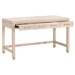 Stacy Modern Classic Light Brown Oak Wood Brass Steel 3 Drawer Desk|