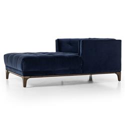 Allen Mid Century Blue Velvet Upholstered Brown Wood Tufted Chaise Lounge|
