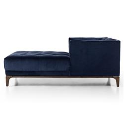 Allen Mid Century Blue Velvet Upholstered Brown Wood Tufted Chaise Lounge|