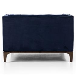 Allen Mid Century Blue Velvet Upholstered Brown Wood Tufted Chaise Lounge|