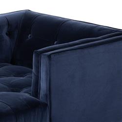 Allen Mid Century Blue Velvet Upholstered Brown Wood Tufted Chaise Lounge|