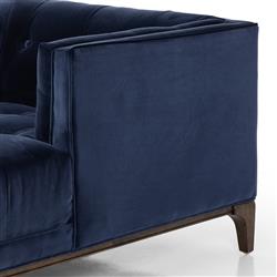 Allen Mid Century Blue Velvet Upholstered Brown Wood Tufted Chaise Lounge|