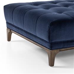 Allen Mid Century Blue Velvet Upholstered Brown Wood Tufted Chaise Lounge|