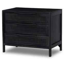 Rhian Coastal Beach Black Mango Wood Black Woven Cane 3 Drawer Nightstand|