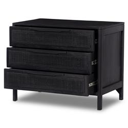 Rhian Coastal Beach Black Mango Wood Black Woven Cane 3 Drawer Nightstand|
