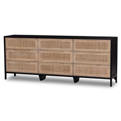 Rhian Coastal Natural Woven Cane Black Mango Wood 9 Drawer Dresser|