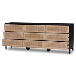 Rhian Coastal Natural Woven Cane Black Mango Wood 9 Drawer Dresser|