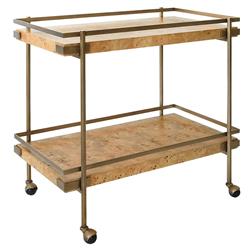 Worlds Away Cash Modern Classic Brown Burl Wood Antique Brass Bar Cart|