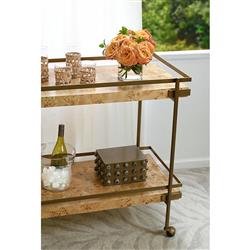 Worlds Away Cash Modern Classic Brown Burl Wood Antique Brass Bar Cart|