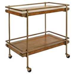 Worlds Away Cash Modern Classic Dark Brown Burl Wood Antique Brass Bar Cart|