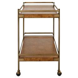 Worlds Away Cash Modern Classic Dark Brown Burl Wood Antique Brass Bar Cart|