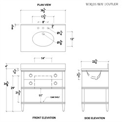 Worlds Away Cutler French Country White Marble Cane Oak Vanity Sink - 37"|