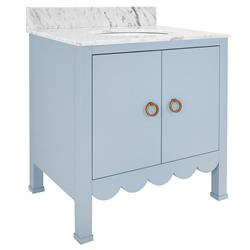Worlds Away Kealey Modern Marble Blue Scalloped Wood Bath Vanity Sink - 31"|