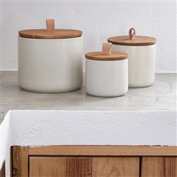 Pacifica Modern Classic Vanilla Stoneware Oak Wood Lid Canister - 5"|