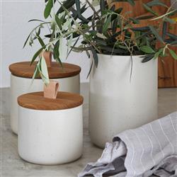 Pacifica Modern Classic Vanilla Stoneware Oak Wood Lid Canister - 5"|