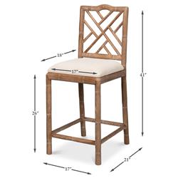 Grace Coastal Beach Beige Upholstered Linen Whitewash Ash Wood Counter Stool|