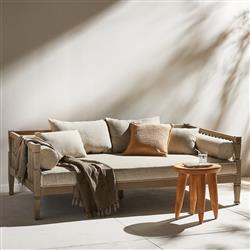 Amara Coastal Beach Beige Upholstered Teak Wood Outdoor Sofa - 86"W|