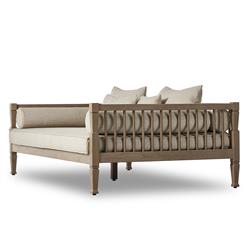 Amara Coastal Beach Beige Upholstered Teak Wood Outdoor Sofa - 86"W|