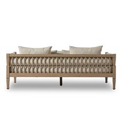 Amara Coastal Beach Beige Upholstered Teak Wood Outdoor Sofa - 86"W|