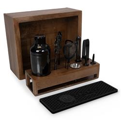 Pierce Mid Century Brown Mango Wood Black Steel 10 Piece Old Fashioned Bar Set|