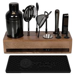 Pierce Mid Century Brown Mango Wood Black Steel 10 Piece Old Fashioned Bar Set|