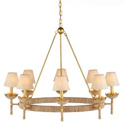 Bellatrix French Country Natural Woven Abaca Gold Iron Chandelier|