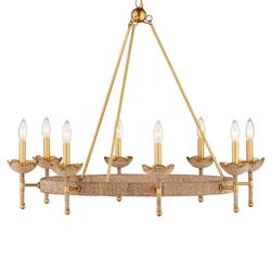 Bellatrix French Country Natural Woven Abaca Gold Iron Chandelier|