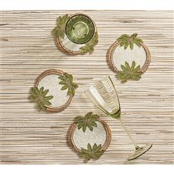 Oasis Global Brown Glass Beaded Green Palm Coaster - Set of 4|