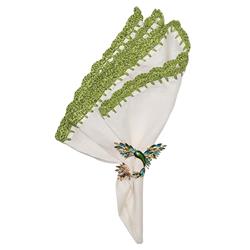 Ida Shell Edge Coastal White Linen Green Raffia Trim Napkin - Set of 4|