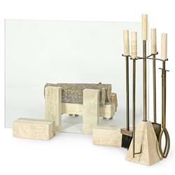 Palecek Cordell Modern Natural Travertine Brass Metal Fireplace Andirons|