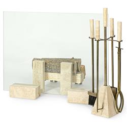 Palecek Cordell Natural Travertine Stone Brass Iron 4 Piece Fireplace Tool Set|