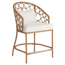 Camilla Coastal Beach Off White Upholstered Natural Woven Rattan Counter Stool|