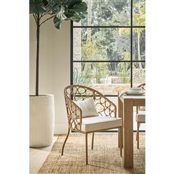 Camilla Coastal Off White Upholstered Natural Woven Rattan Dining Arm Chair|