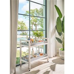 Carter Coastal Beach White Sand Oak Blue Seagrass Caster Bar Cart|