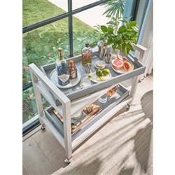 Carter Coastal Beach White Sand Oak Blue Seagrass Caster Bar Cart|