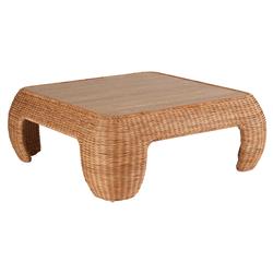 Carter Coastal Beach Brown Travertine Natural Woven Rattan Square Coffee Table|