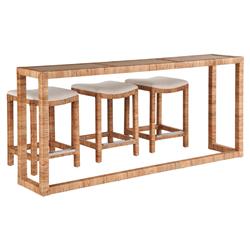 Carter Coastal Brown Travertine Top Natural Rattan Console Table with Stools|