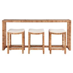 Carter Coastal Brown Travertine Top Natural Rattan Console Table with Stools|