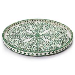 Adeline French Country Green Floral Bone White Resin Round Decorative Tray|