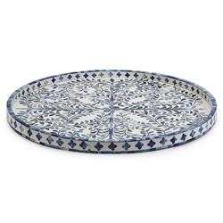 Adeline French Country Blue Floral Bone White Resin Round Decorative Tray|