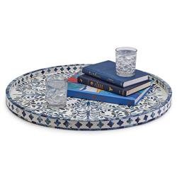 Adeline French Country Blue Floral Bone White Resin Round Decorative Tray|