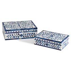 Adeline French Country Blue Floral Bone White Resin Decorative Box - Set of 2|
