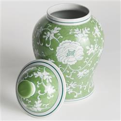 Nolan French Country Green Porcelain Lidded Lotus Ginger Jar|