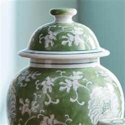Nolan French Country Green Porcelain Lidded Lotus Ginger Jar|